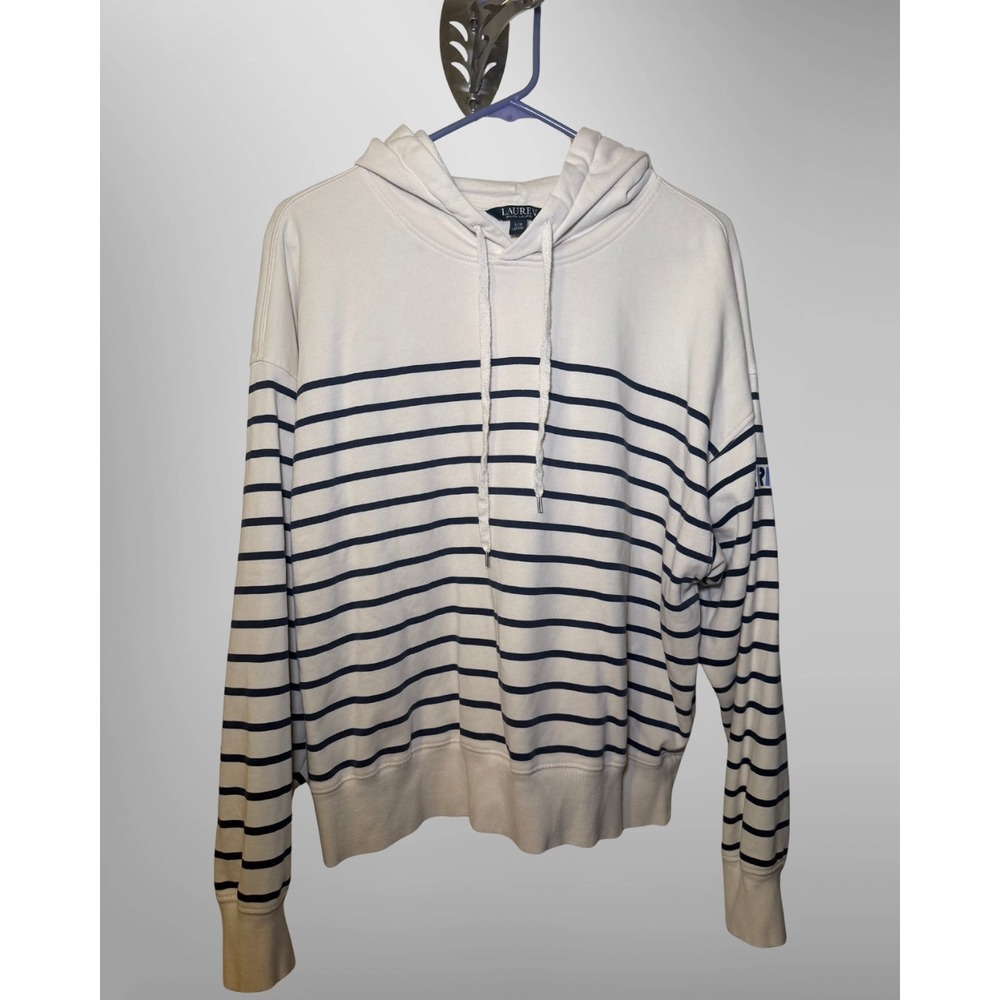 Lauren Ralph Lauren Women's Large Beige Striped Ribbed Hooded Sweater